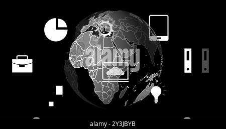Image of digital data processing and globe over black background Stock Photo