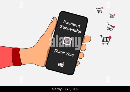 Hand holding a mobile phone to make online shopping payment using a smartphone. Online payment concept. Vector illustration. Stock Vector