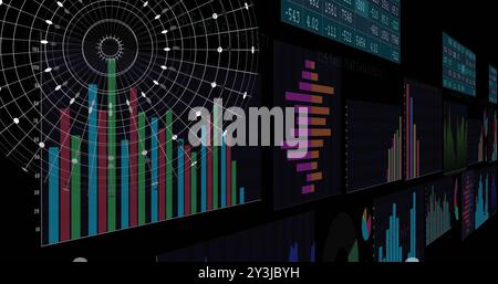 Image of digital data processing and globe over black background Stock Photo