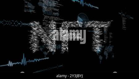 Image of financial data processing and nft text over black background Stock Photo