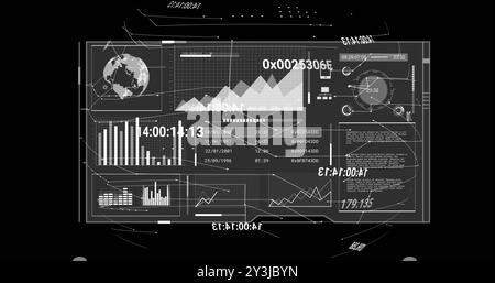 Image of financial data processing and globe over black background Stock Photo