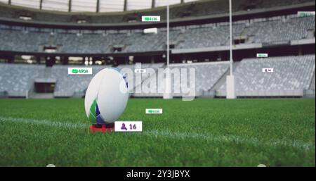 Image of icons and data processing over rugby ball on field Stock Photo