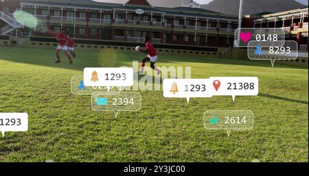 Image of icons and data processing over diverse rugby players Stock Photo