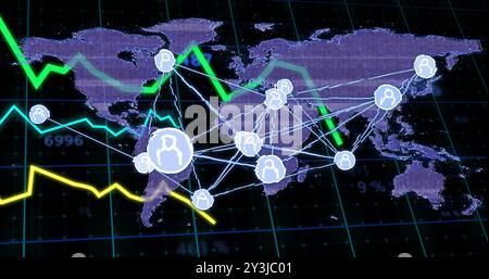 Image of financial data processing, connections and world map over black background Stock Photo