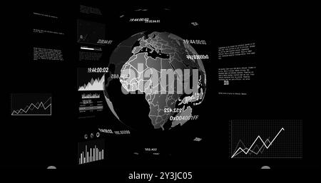 Image of financial data processing and globe over black background Stock Photo