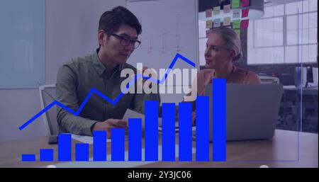 Image of diagrams over diverse colleagues discussing work in office Stock Photo