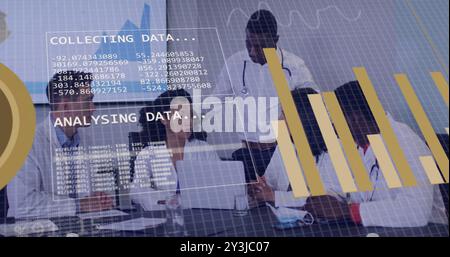 Image of diagrams and data processing over diverse doctors discussing work at meeting Stock Photo