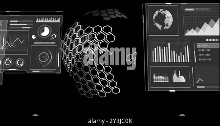 Image of digital data processing and globe over black background Stock Photo