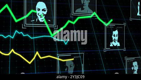 Image of financial data processing and biometric photos over black background Stock Photo
