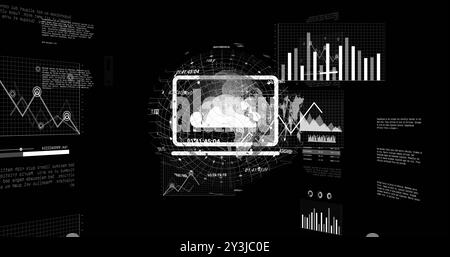 Image of financial data processing and globe over black background Stock Photo