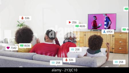 Image of icons and data processing over diverse family wacthing rugby game on tv Stock Photo