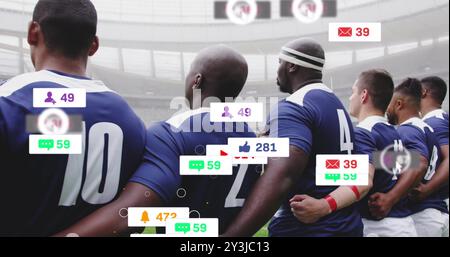 Image of icons and data processing over diverse rugby players Stock Photo