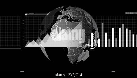 Image of financial data processing and globe over black background Stock Photo