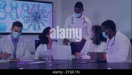 Image of diagrams and data processing over diverse doctors discussing work at meeting Stock Photo