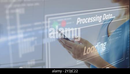 Processing data and loading image over woman using smartphone Stock Photo