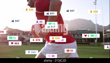 Image of icons and data processing over diverse rugby players Stock Photo