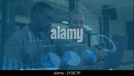 Analyzing data charts and graphs image over two business professionals in discussion Stock Photo
