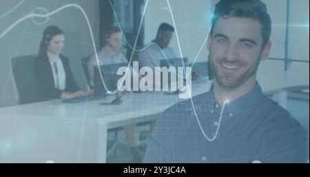 Image of financial data processing over caucasian businessman with colleagues Stock Photo