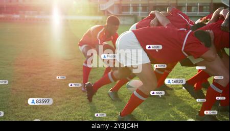 Image of icons and data processing over diverse rugby players Stock Photo