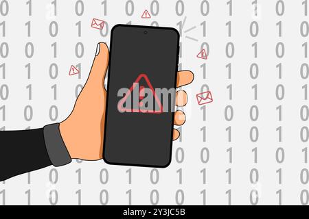 Hand holding a smartphone with red triangle caution warning sign for notification error, restricted content or maintenance concept. Vector illustratio Stock Vector