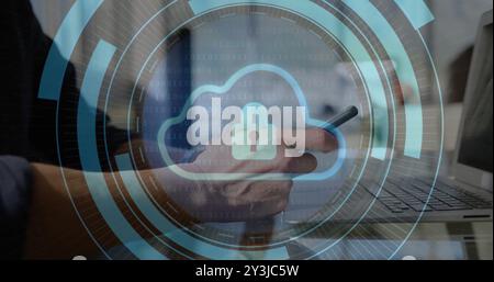 Image of cloud with padlock and scope scanning over caucasian man using smartphone Stock Photo