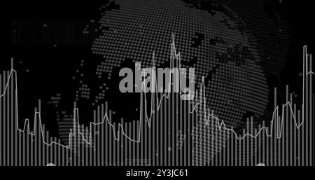 Image of white pixel globe and graph processing data on black background Stock Photo