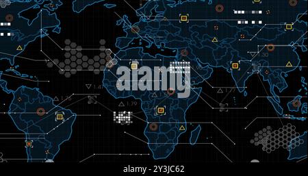 Image of world map and processing data on black background Stock Photo