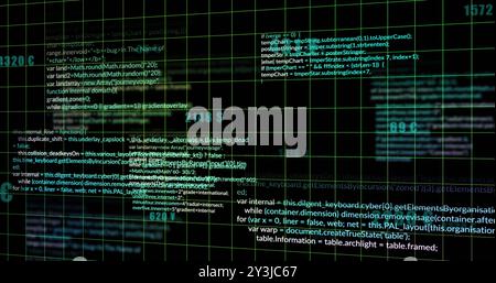 Image of processing data over grid on black background Stock Photo
