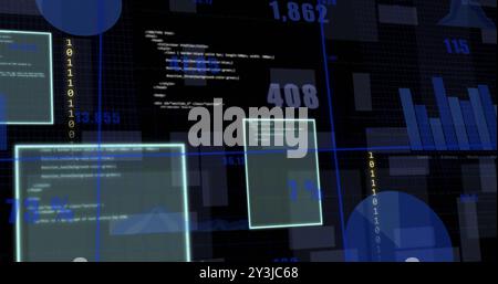 Image of charts and processing data interface screens on black background Stock Photo