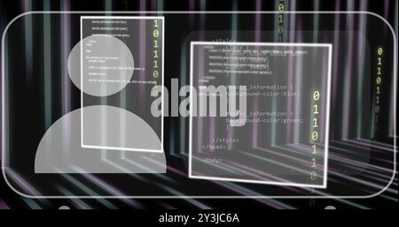 Image of person icon, processing data and coding interface screens on black background Stock Photo