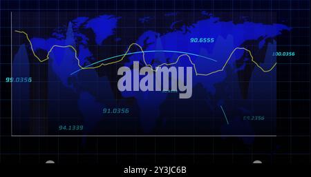 Image of blue world map, network and processing data on black background Stock Photo