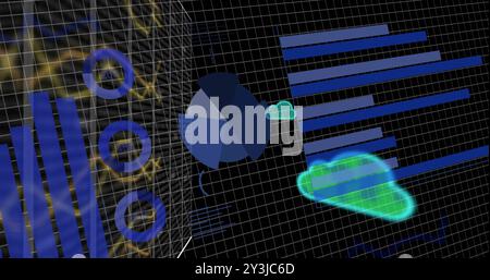 Image of graphs and charts processing data and cloud icons over grid on black background Stock Photo