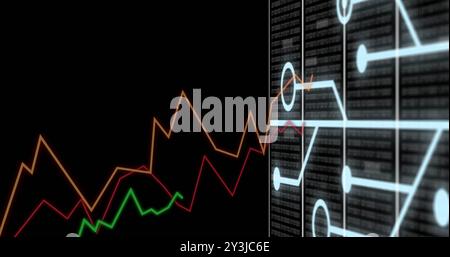 Image of graphs, processing data and network transferring data on black background Stock Photo