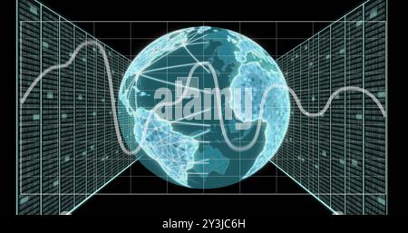 Image of global network and processing data interface screens on black background Stock Photo