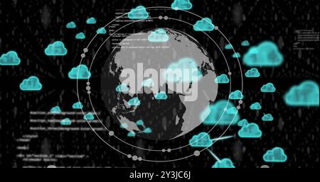 Image of globe and processing data with blue cloud icons on black background Stock Photo