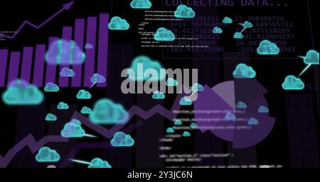 Image of charts and processing data with network of blue cloud icons on black background Stock Photo