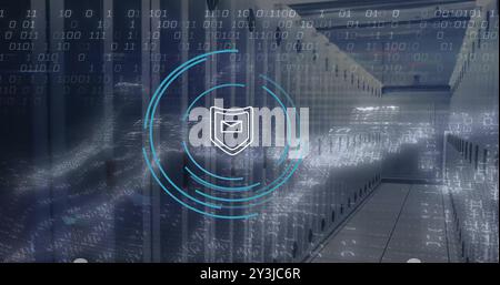 Image of circular scanner with mail security icon, data and network wave over server room Stock Photo