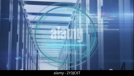 Image of circular biometric eye scanner and processing data over server room Stock Photo