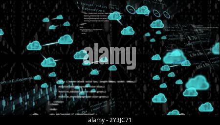 Image of processing data, charts and cloud icons transferring data on black background Stock Photo