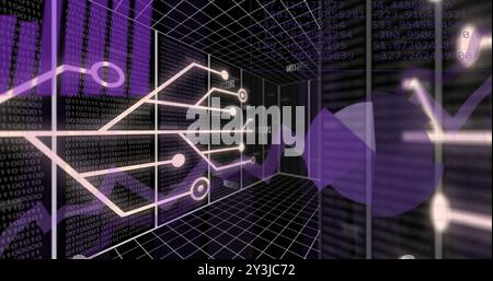 Image of network and processing data over grid on black background Stock Photo