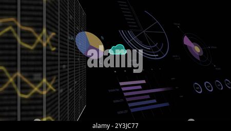 Image of network and charts processing data with green cloud icons on black background Stock Photo