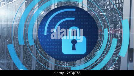 Image of circular scanner processing wifi with padlock icon over server room Stock Photo