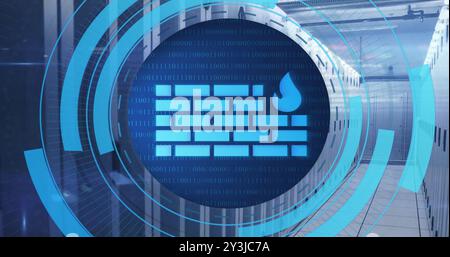 Image of circular scanner processing firewall data over server room Stock Photo
