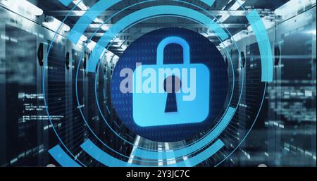 Image of circular scanner with padlock security icon processing over server room Stock Photo