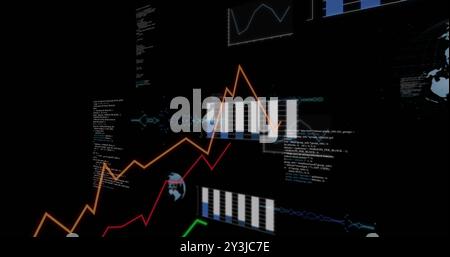 Image of graphs and charts processing data on black background Stock Photo