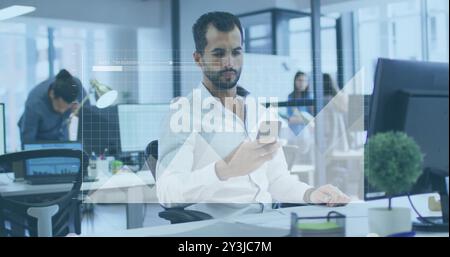 Image of financial data processing over biracial businessman using smartphone in office Stock Photo