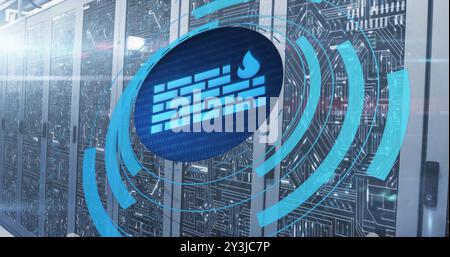 Image of circular scanner processing firewall data over network and server room Stock Photo