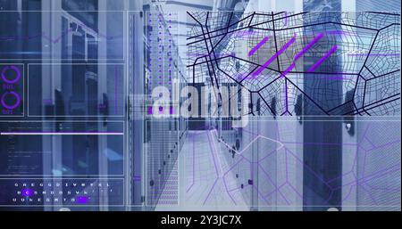Image of interface with scanner and street map over computer server room Stock Photo