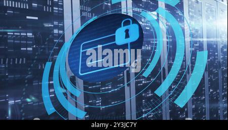 Image of circular scanner processing bank card with padlock icon over server room Stock Photo