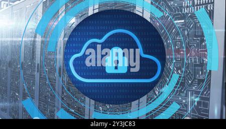 Image of circular scanner, cloud and padlock icons and network over server room Stock Photo